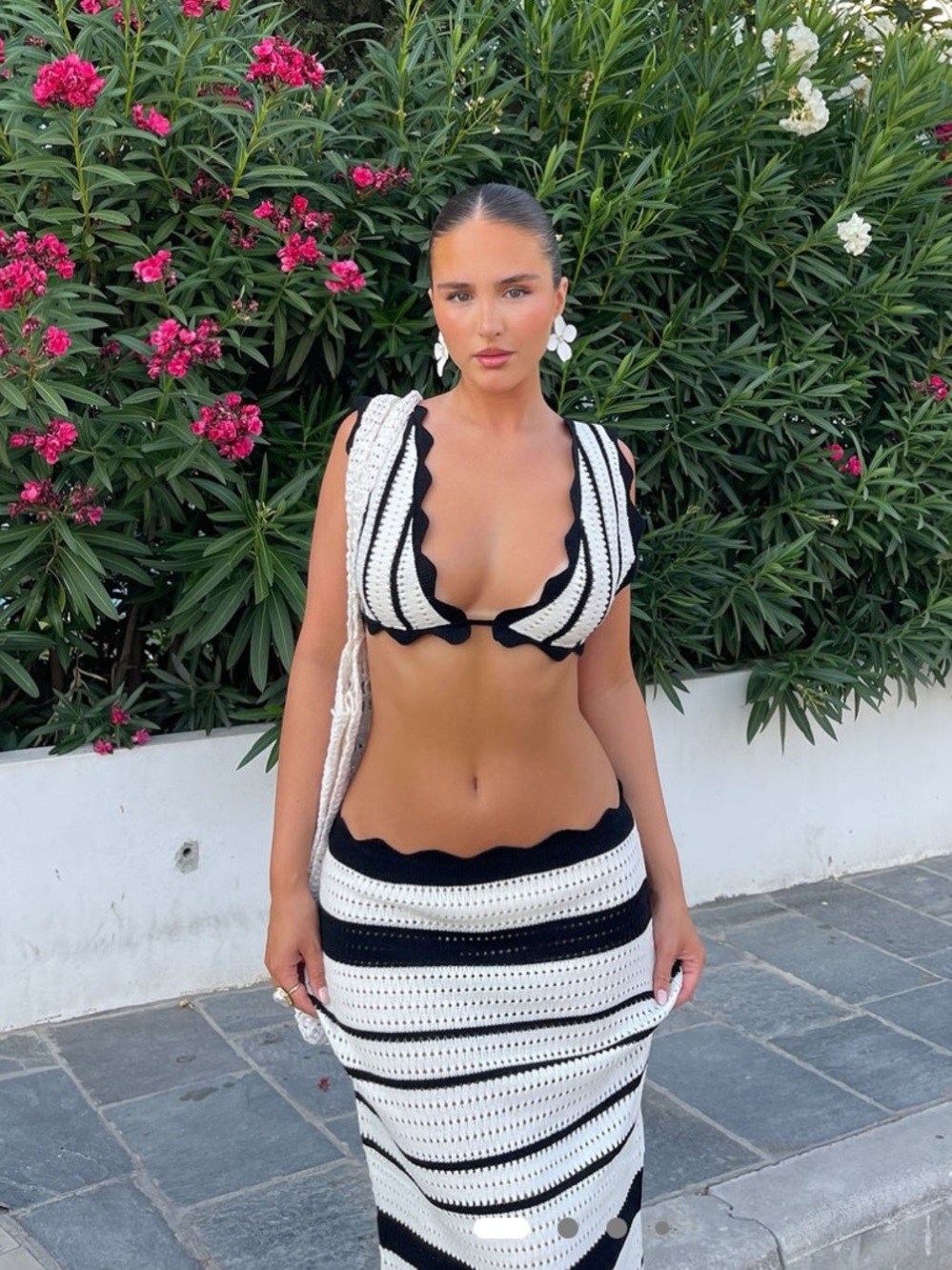 Fashion nova what a vibe black white crochet skirt crop top set XS *